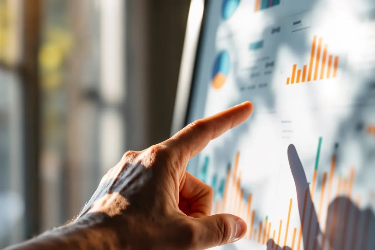 Persona señalando gráficas de resultados en una pantalla