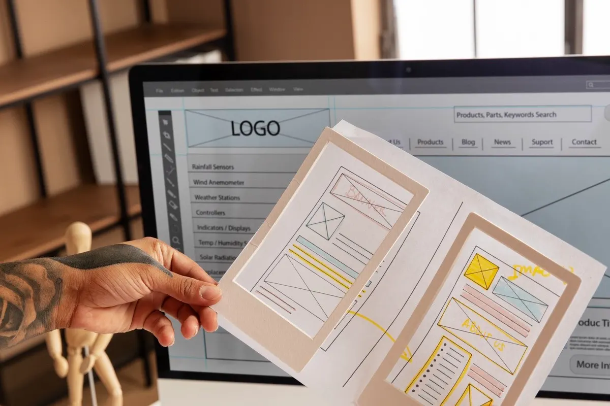 Manos sosteniendo bocetos de wireframes de una página web junto a una paleta de color